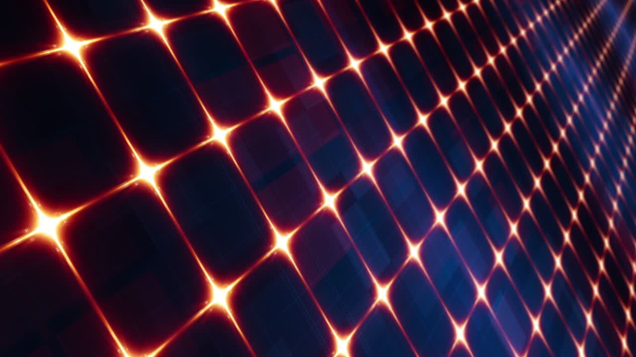 4k 3d perspectiva abstracta de alta tecnología animación de bucle digital fondo. fondo de tecnología mosaico rojo brillante azul parpadeante píxeles combinadas matrices espaciadas al azar sobre un fondo azul oscuro.