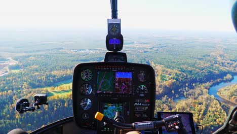 pilot’s view shows autumn landscape with winding river and colorful forests