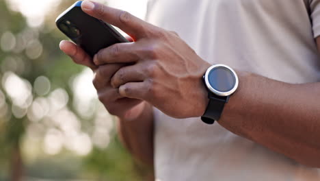 phone, hands typing and man in nature outdoor