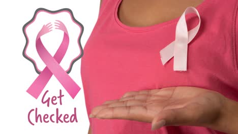 Animation-of-get-checked-text-with-ribbon-logo-over-midsection-of-woman-wearing-pink-cancer-ribbon