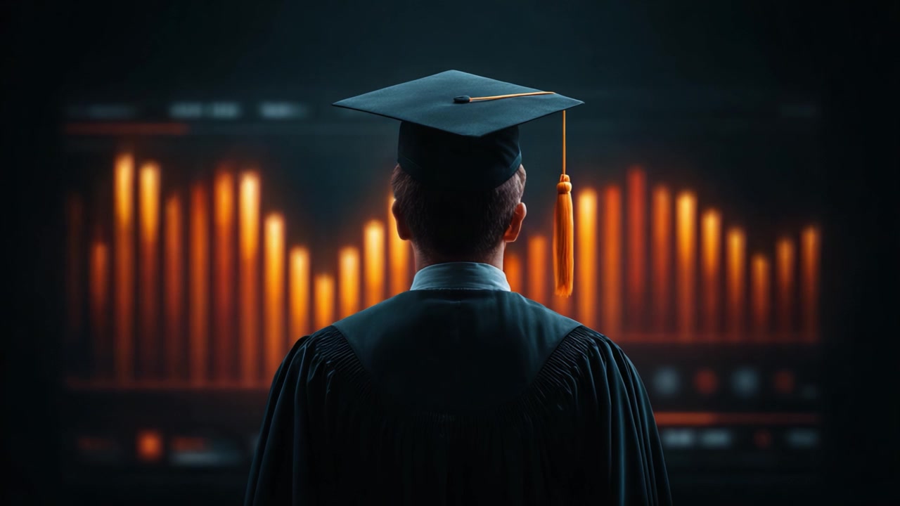A graduate in a cap and gown stands in front of a glowing digital data visualization, symbolizing achievement, growth, and opportunities in today's information-driven world