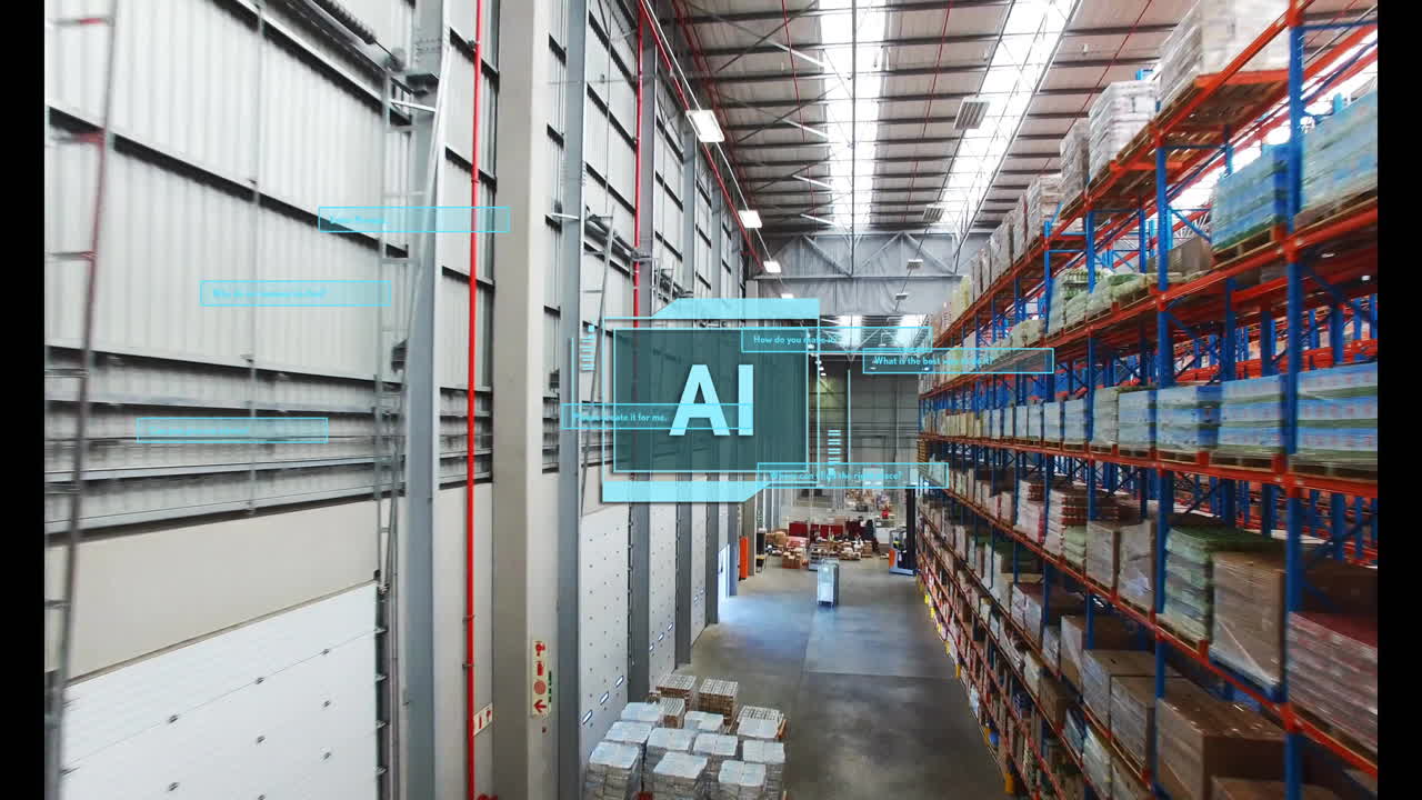 Ai text over warehouse with shelves and boxes Premium Stock Video Footage