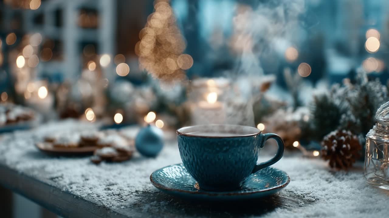 A Cozy Winter Scene Featuring a Steaming Cup of Hot Beverage Amidst Festive Decorations, Soft Lighting, and a Touch of Seasonal Charm