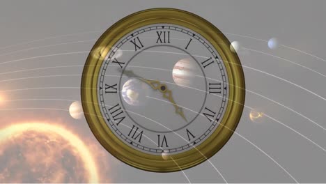 animation of solar systems, planets and space over clocks ticking