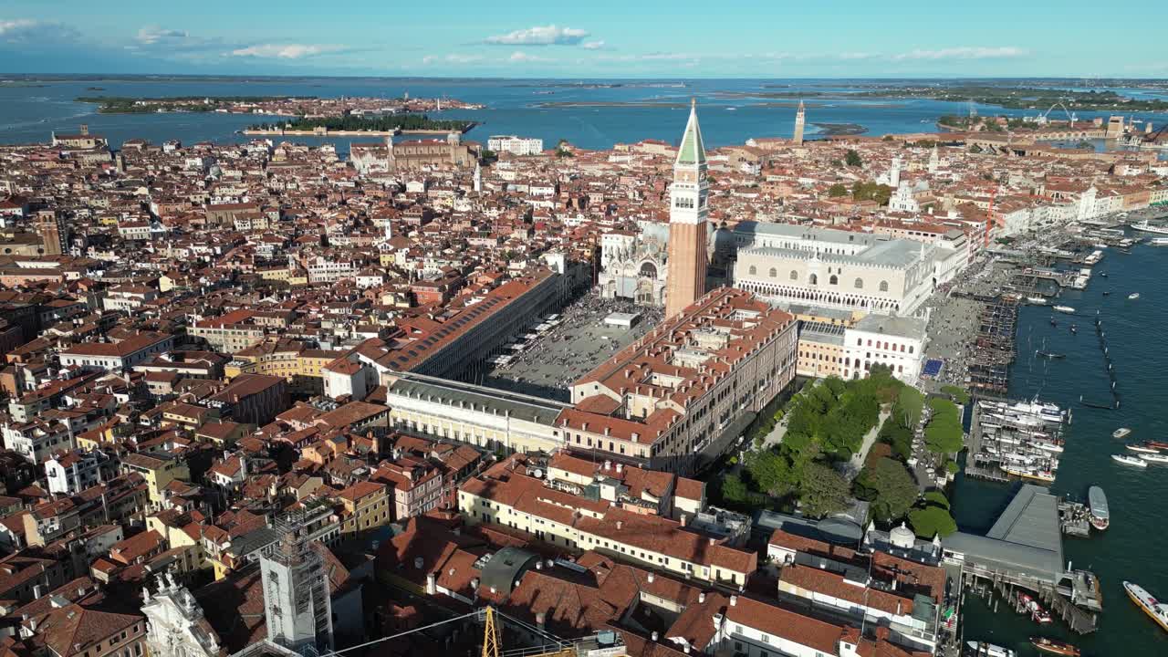 Wide angle aerial view of Venice, showcasing historic architecture along the waterfront.