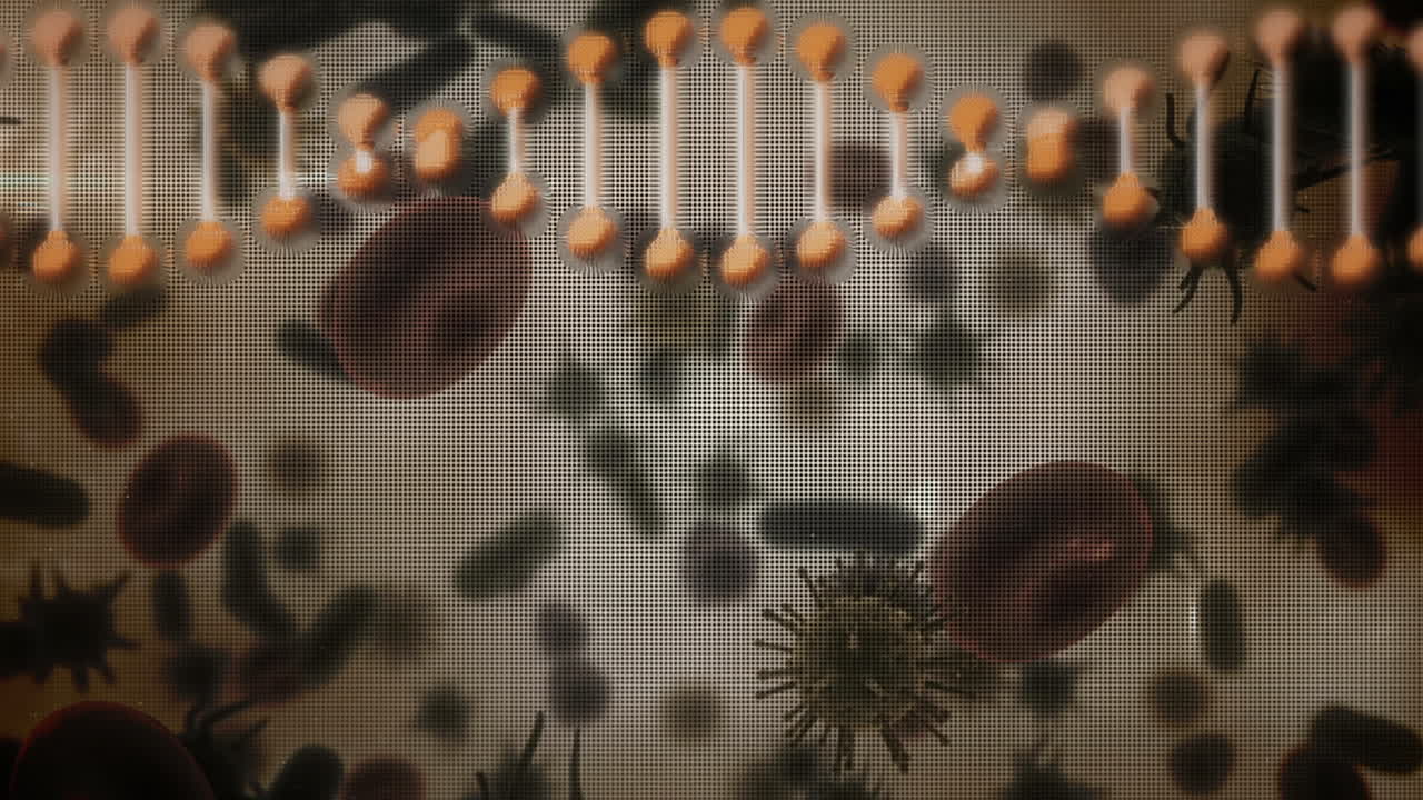 코로나19 확산과 함께 회전하는 이중 나선 dna 가닥의 애니메이션.