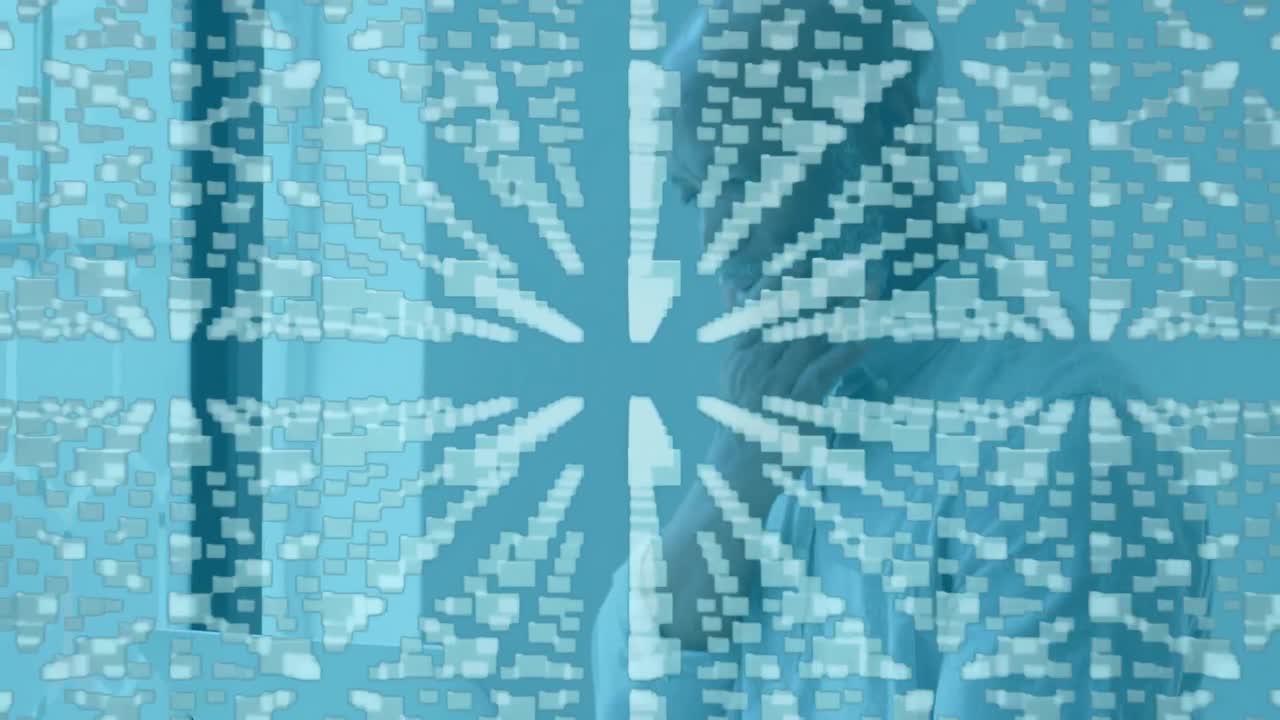 그래픽 폴더와 락의 애니메이션이 노트북을 사용하는 아프리카계 미국인 사업가 위로 이동합니다.