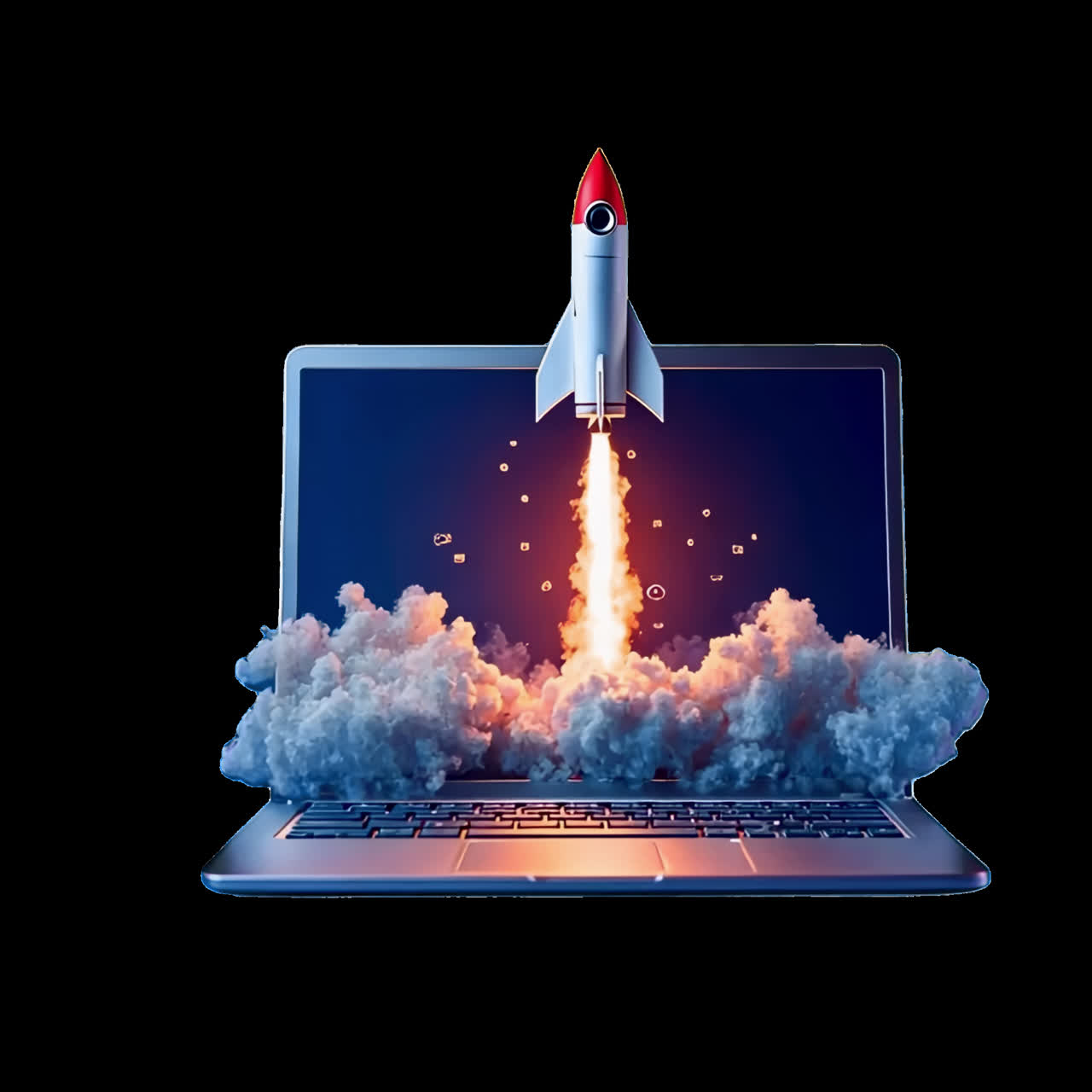 Rocket launching from laptop animation isolated asset, transparent 4K video, alpha channel, ProRes