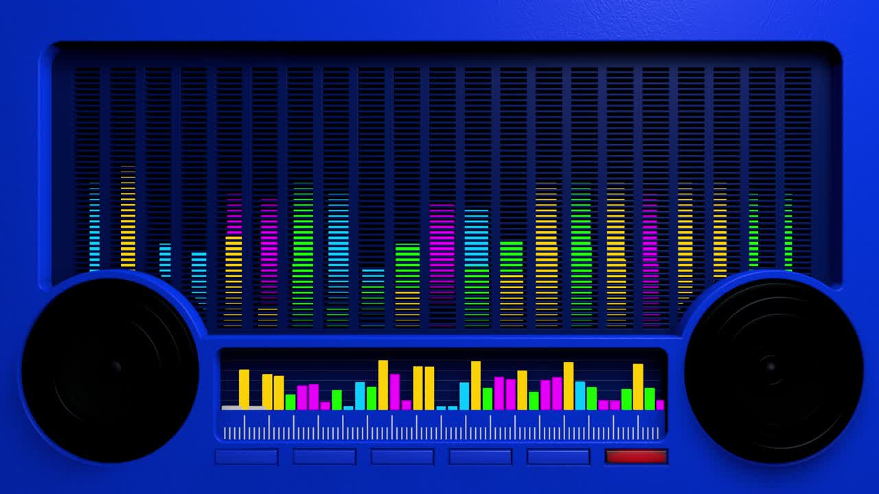 Radio with black speakers with equalizer with magenta, yellow bars vibrating to the rhythm of the music. 3D Animation