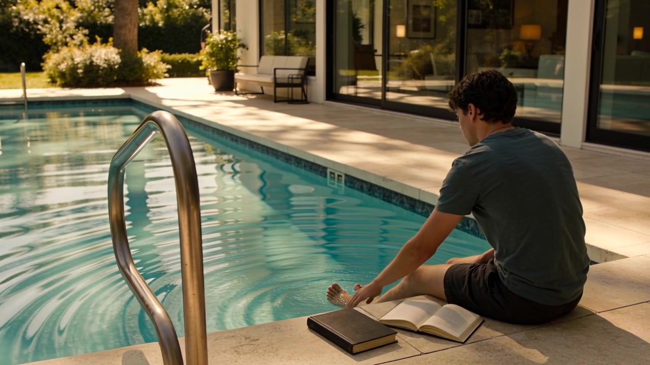 Sitting teen teal-shirt dipping feet, splashing pool and studying with open book at yard