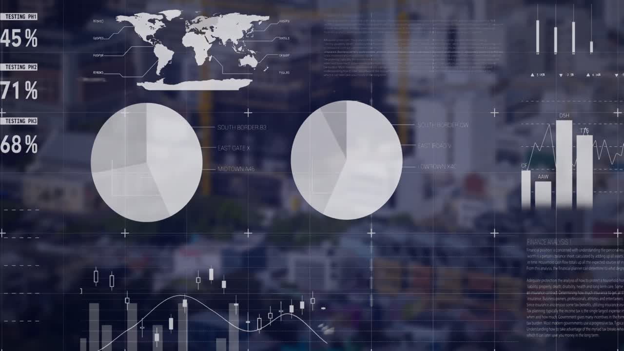 animación de una interfaz infográfica multicolor sobre una vista aérea de edificios modernos