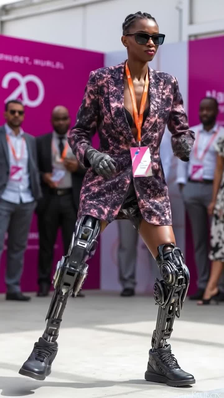Stilig kvinne med bioniske benproteser poserer ved en moderne teknologimessebod.