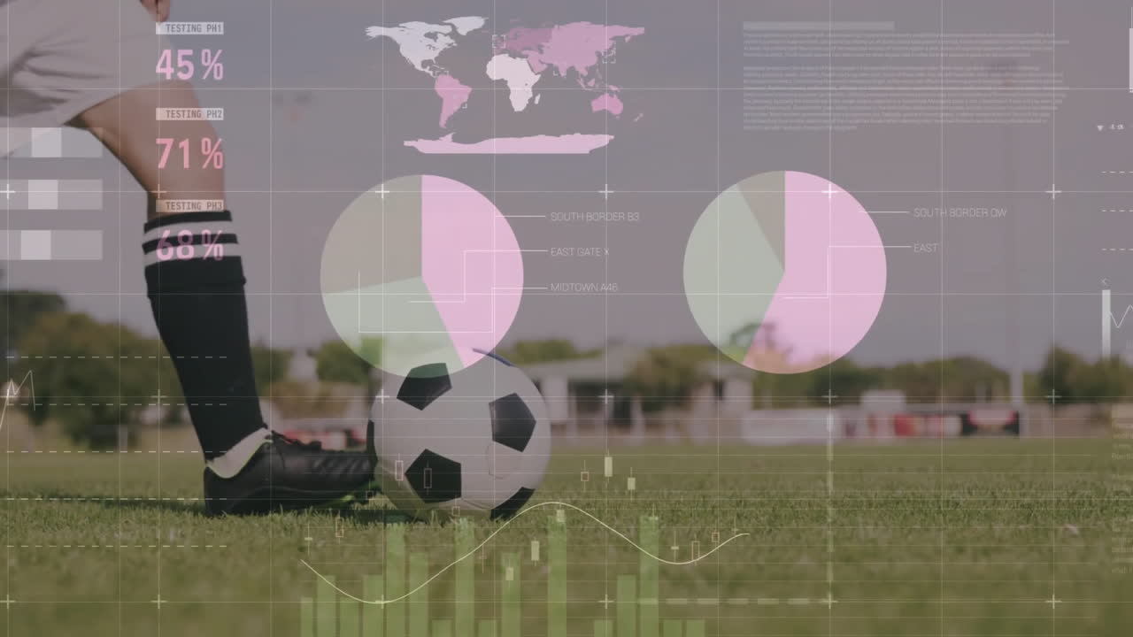 animación del procesamiento de datos financieros sobre las piernas de un jugador de fútbol masculino con una pelota