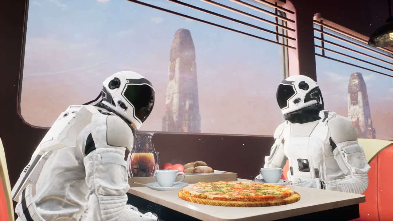 탐사 우주 비행사들은 외계 행성의 지역 식당에서 휴식을 취하고 우주 계획에 대해 논의합니다.