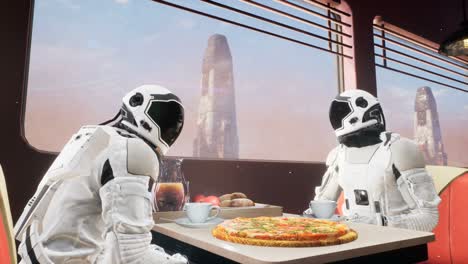 los astronautas de exploración se relajan y discuten sus planes espaciales en un restaurante local en un planeta alienígena. la animación de bucle sin fisuras es para fondos fantásticos, futuristas o de viajes espaciales.