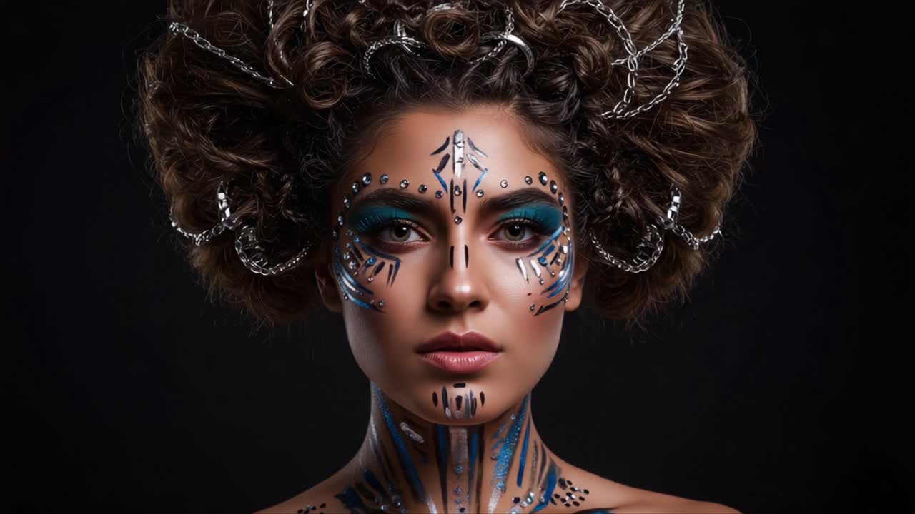 A Unique Portrait of Creativity: Stunning Face Art with Intricate Designs and Dramatic Hair in a Striking Dark Environment