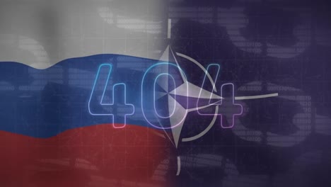 animación de 404 texto y cadena sobre la bandera de rusia y la otan