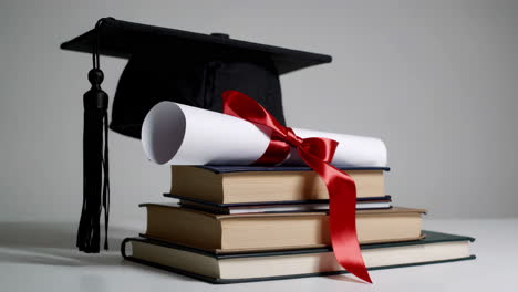 graduation diploma with books and cap