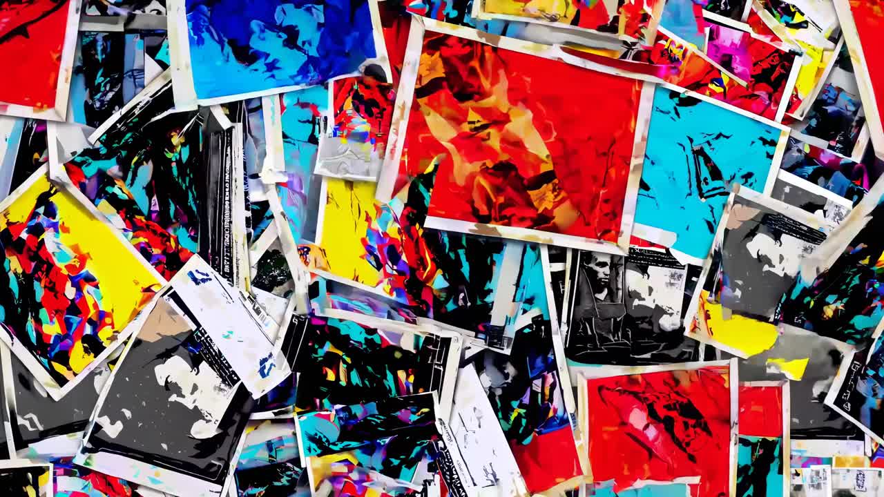 Top-down view of scattered, colorful abstract prints. The video captures a dynamic, chaotic art