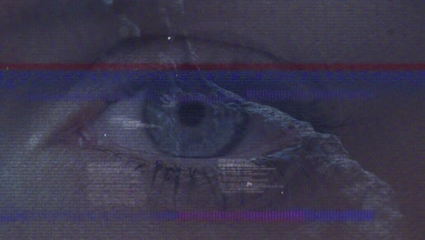 animation of screen with glitch and diverse data over dna chain with female eye in background