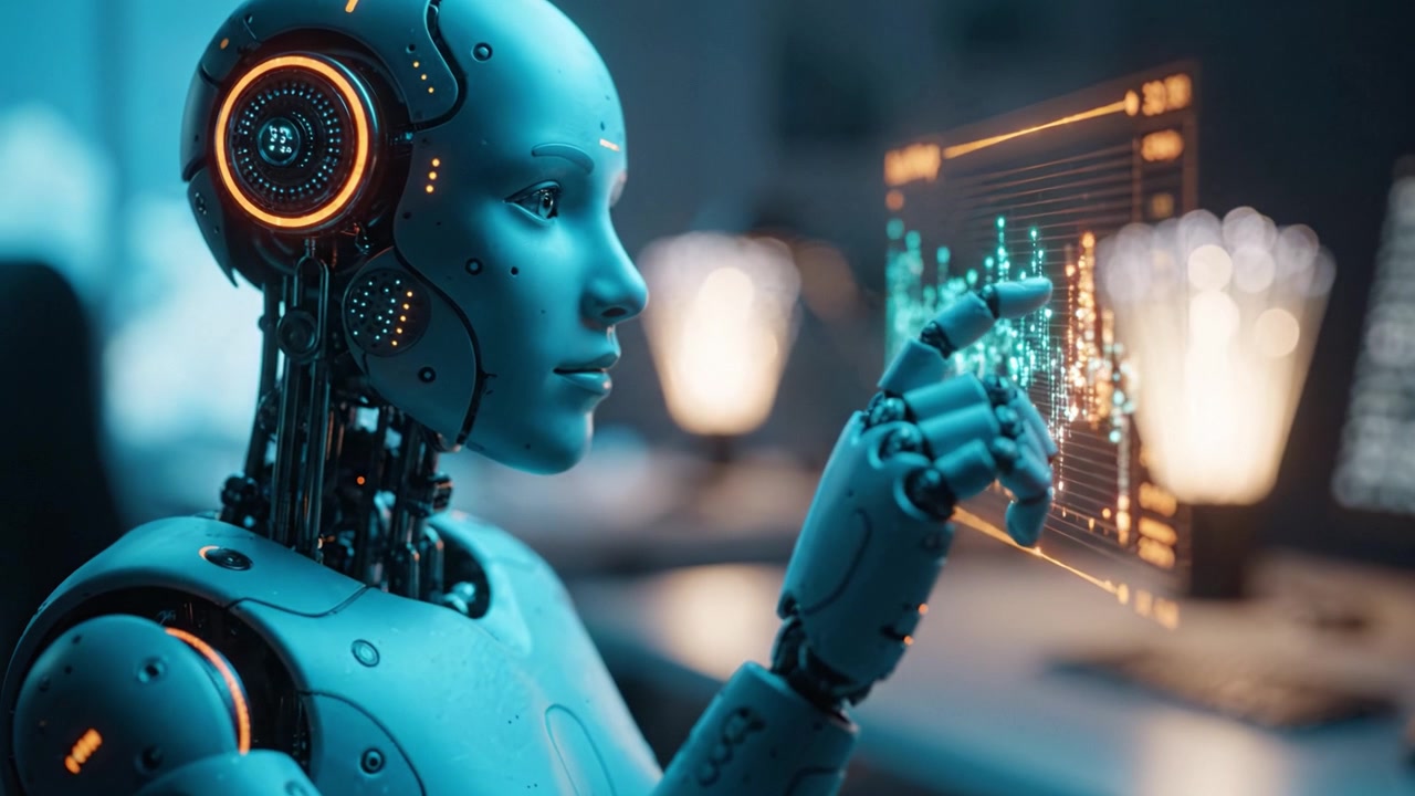 Futuristic Robot Analyzing Data in a Digital Environment with Interactive Graphs and Illuminated Background, Depicting AI's Role in Technology Advancement