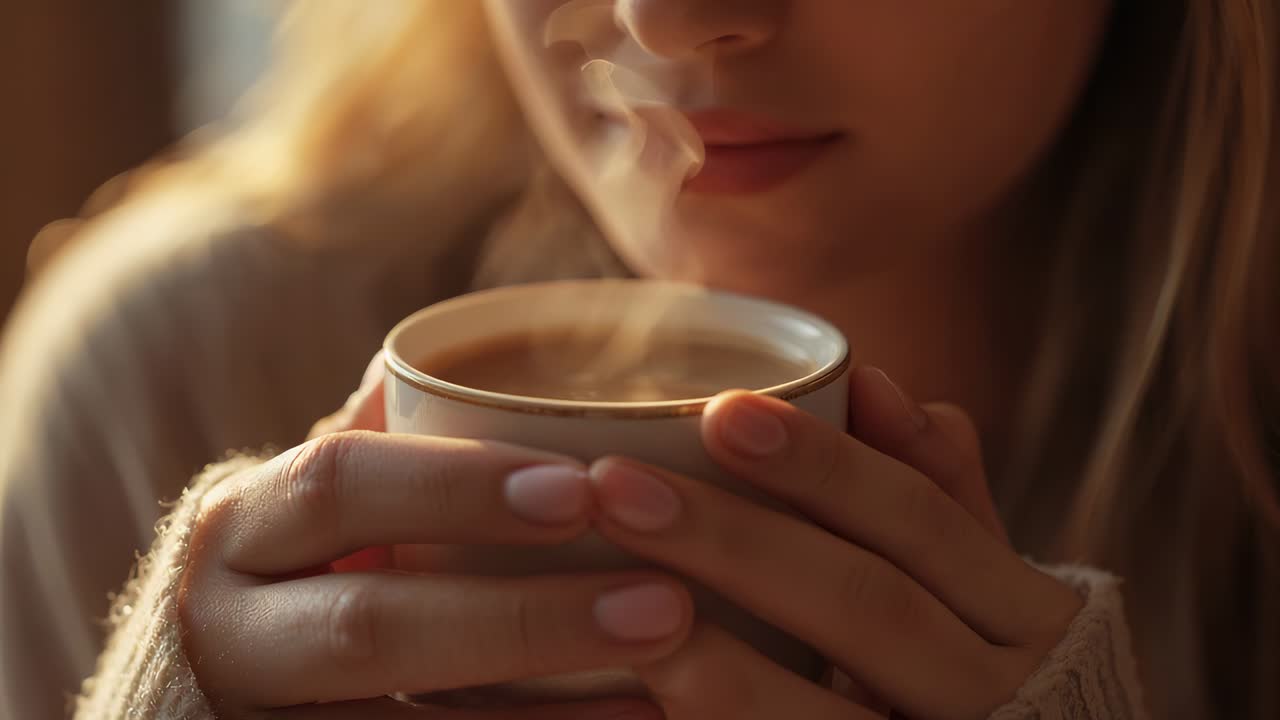 Donna che assapora il vapore di una tazza, avvicinandola a casa, inspirando il calore e sorridendo, con le maniche di maglia