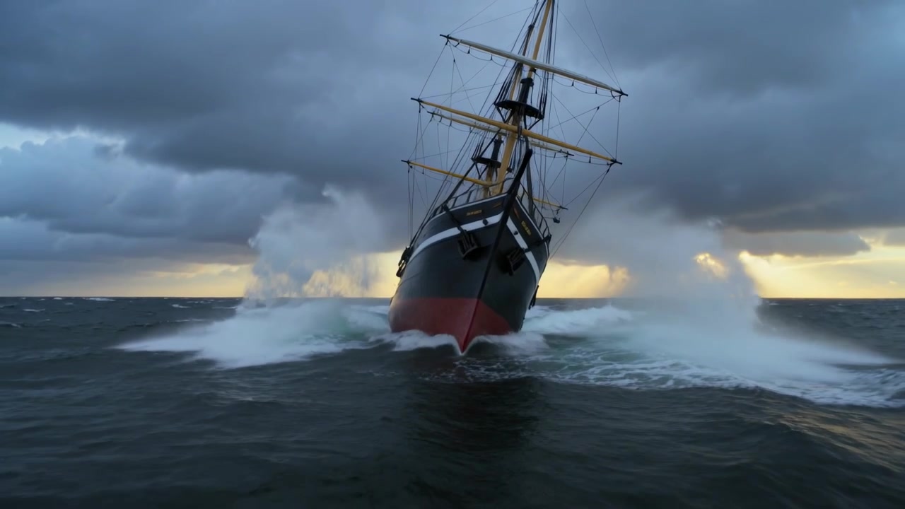 Gran velero de tres mástiles acercándose, arando el mar agitado mientras una gran ola golpea la proa, manteniendo el rumbo.