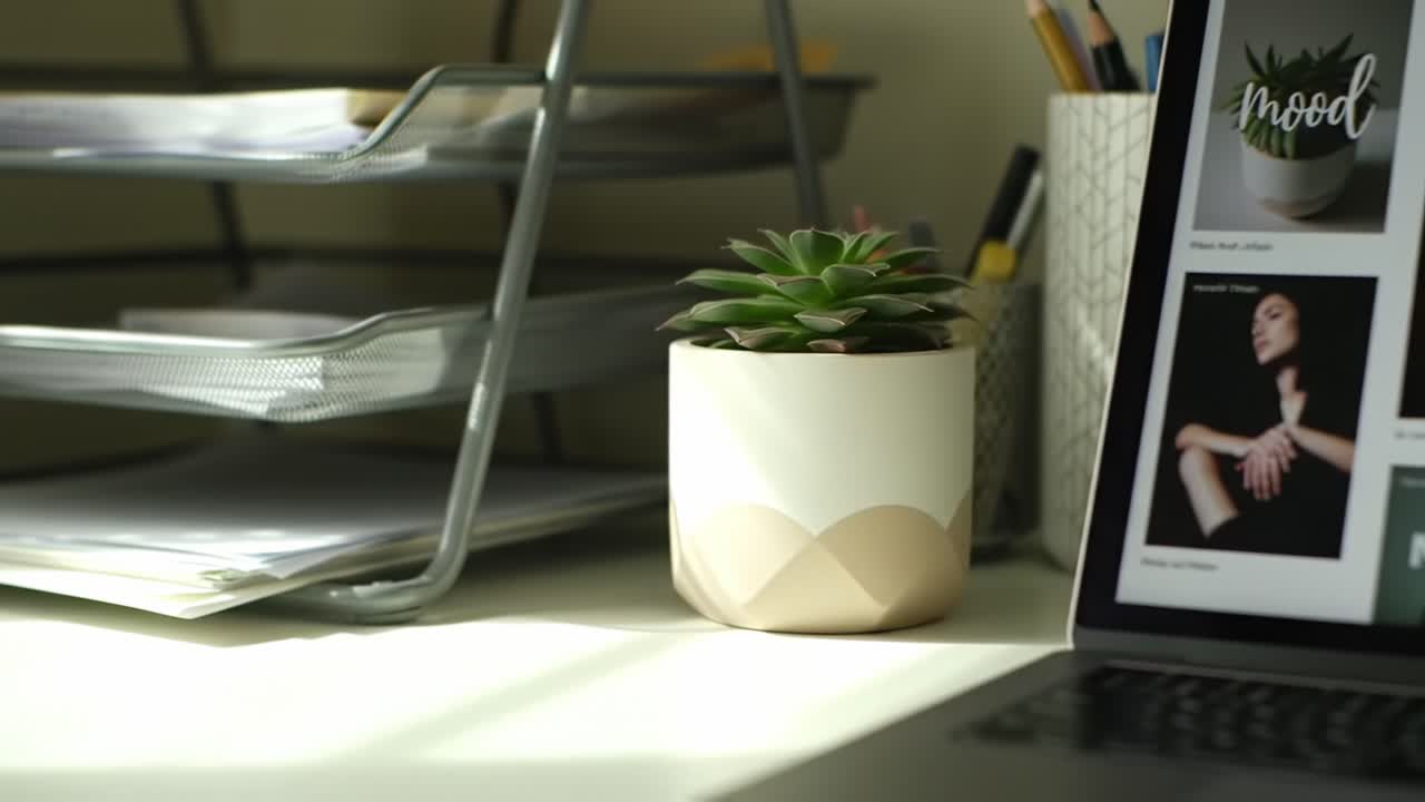 A Tranquil Workspace Featuring a Lush Succulent Plant Amidst Organizers and Digital Inspiration, Perfect for Enhancing Creativity and Focus