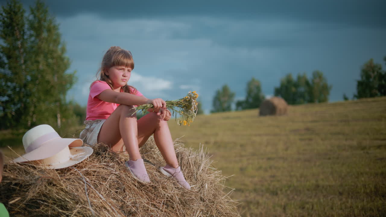 la niña se sienta en una bola de heno sosteniendo flores silvestres mientras observa su mano, con un sombrero de sol a su lado, el hermano menor está ocupado jugando con heno en un vasto campo de campo bajo la cálida luz del sol