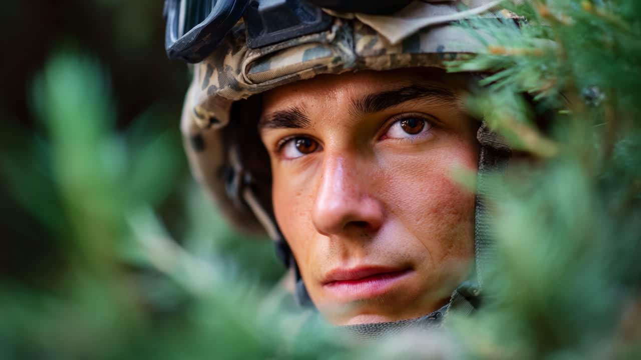 A soldier's determined gaze amidst foliage, showcasing the focus and resilience of military personnel engaged in high-stakes situations in a natural environment