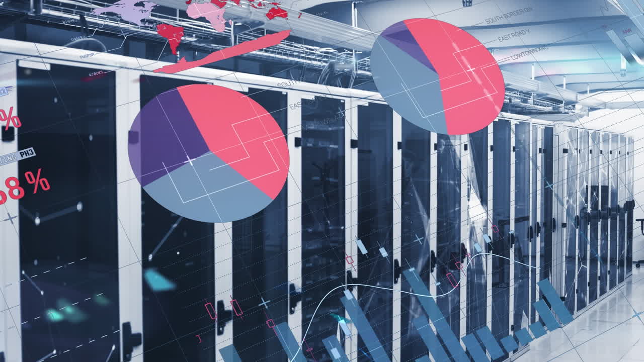 Animation of statistical data processing and network of connections over computer server room