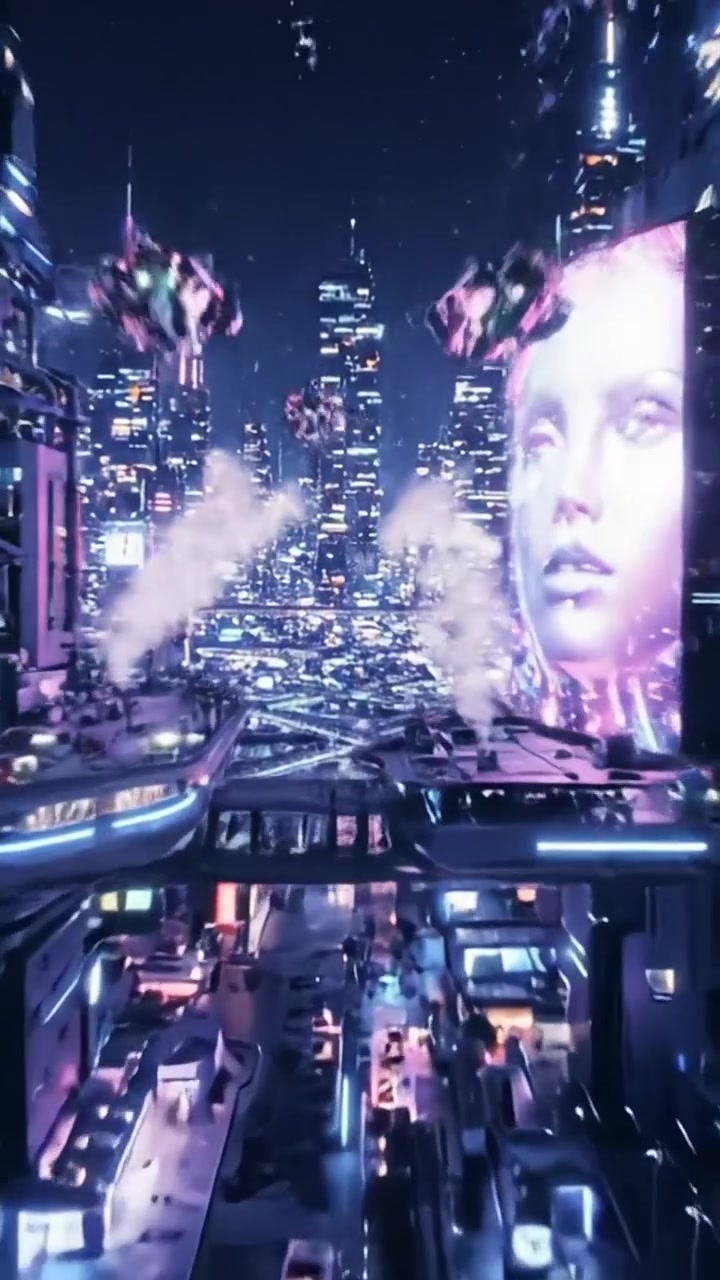 A Futuristic Urban Landscape: Nighttime Cityscape Ignited with Neon Lights and Dynamic Activity Capturing a Vision of Tomorrow's Metropolis