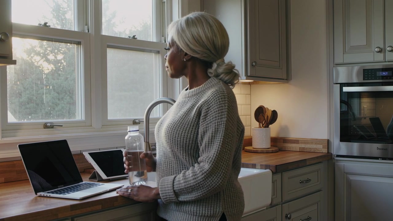 Pausando o notebook, mulher com coque claro usando suéter bebe de garrafa transparente na pia, espaço para texto
