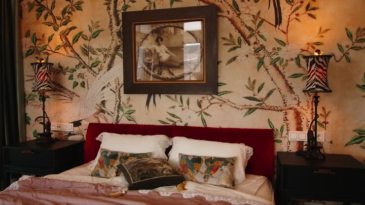 Camera da letto elegante con carta da parati floreale e decorazioni vintage