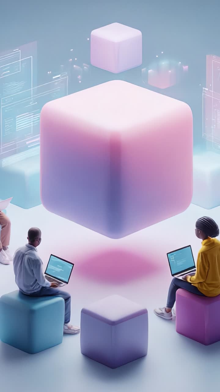 Interactive Digital Collaboration: Engaged Users Utilizing Laptops in a Futuristic Setting Surrounded by Colorful Geometric Shapes for Learning and Innovation