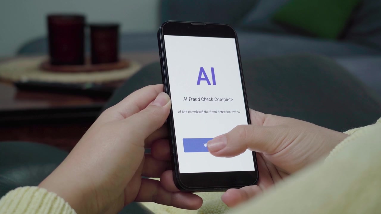 Mani che tengono un telefono che mostra un messaggio "Controllo frode AI completato" con una call-to-action "Visualizza risultati" su una schermata pulita dell'app.