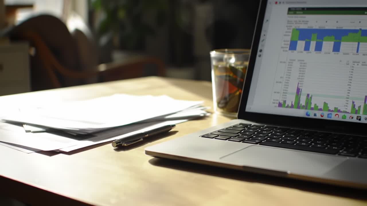 Analyzing Data: A Close-Up of a Laptop Displaying Charts and Graphs Alongside a Messy Desk Featuring Papers and a Glass, Highlighting an Organized Workspace