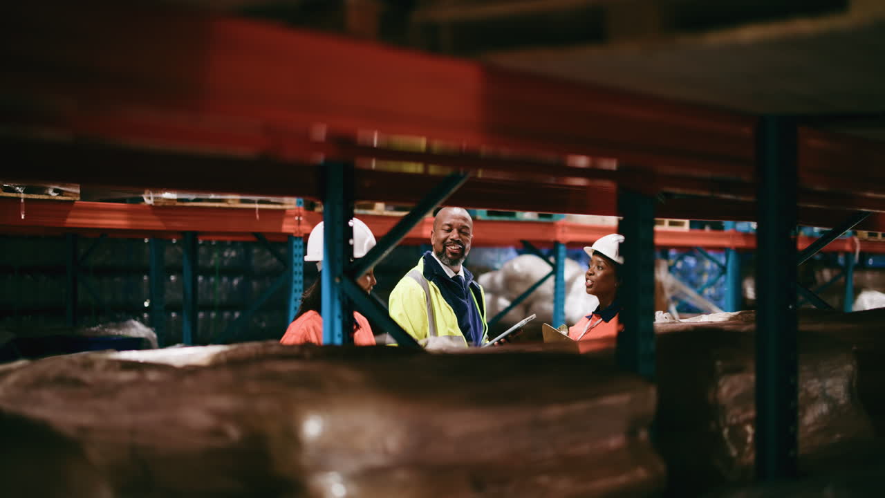Logistics Team in Hard Hats Reviewing Data in Warehouse