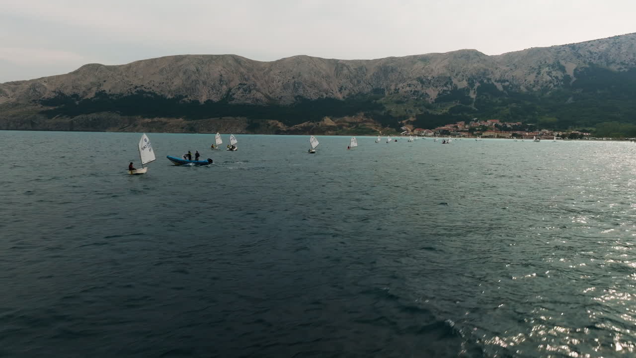 Aerial View Of Sailing Yacht Regatta In Baska, Krk, Croatia - drone shot