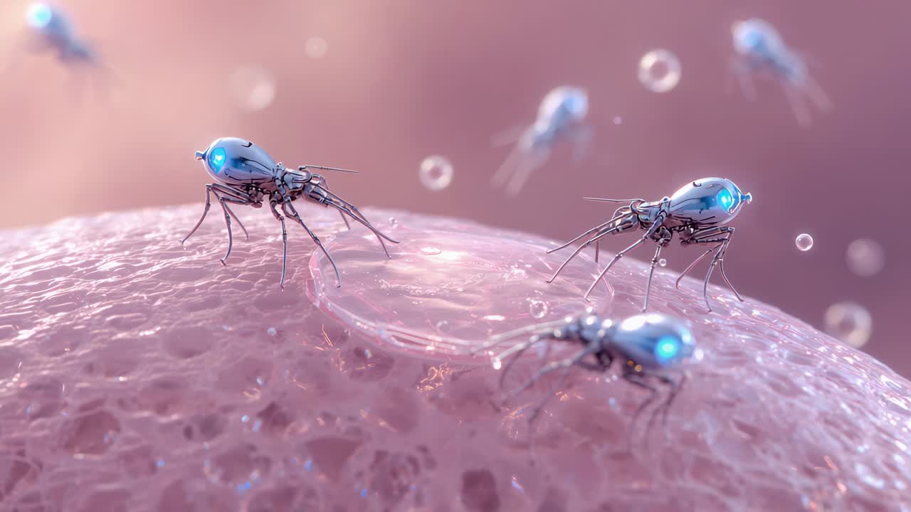 Nanobot metallici estesi che raggiungono al contatto attraverso micro tessuto, formando nuclei di collegamento a filamento