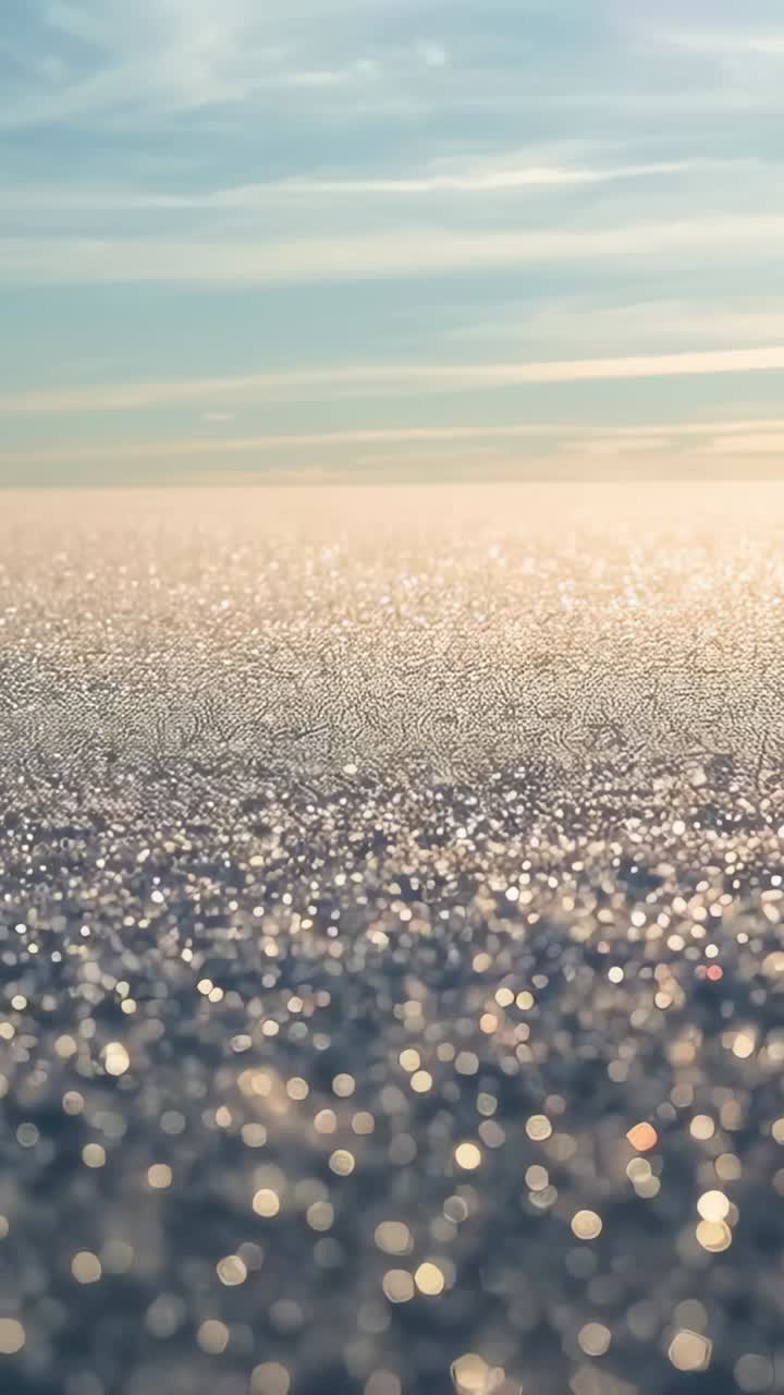 Video verticale: superficie dell'acqua scintillante illuminata dal sole che crea un effetto bokeh vicino alla costa, brezza increspata