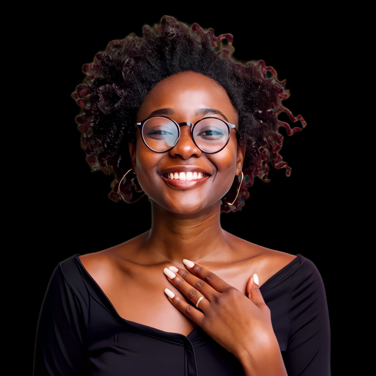 Joyful woman with glasses smiling animation isolated asset, transparent 4K video, alpha channel
