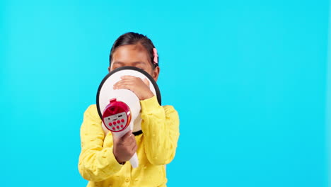 megaphone, news and face of girl child playing