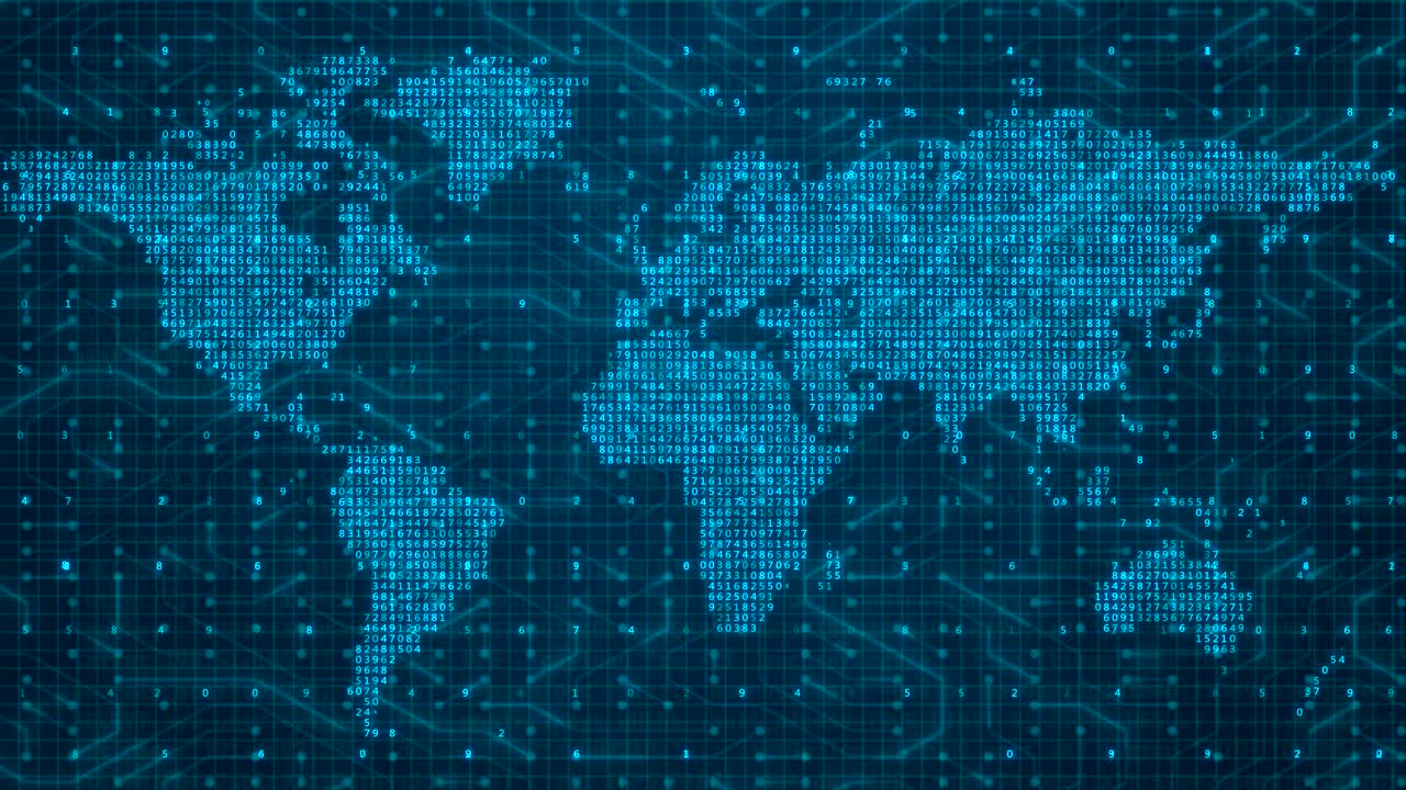 Looping Digital World Map of Binary Code and Numbers on Futuristic Global Network Background