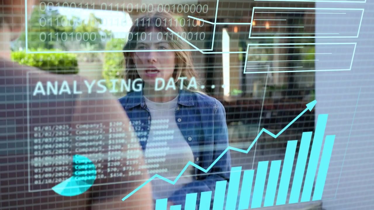 Centered woman tapping tablet starting AR wave growing into charts guiding business decision