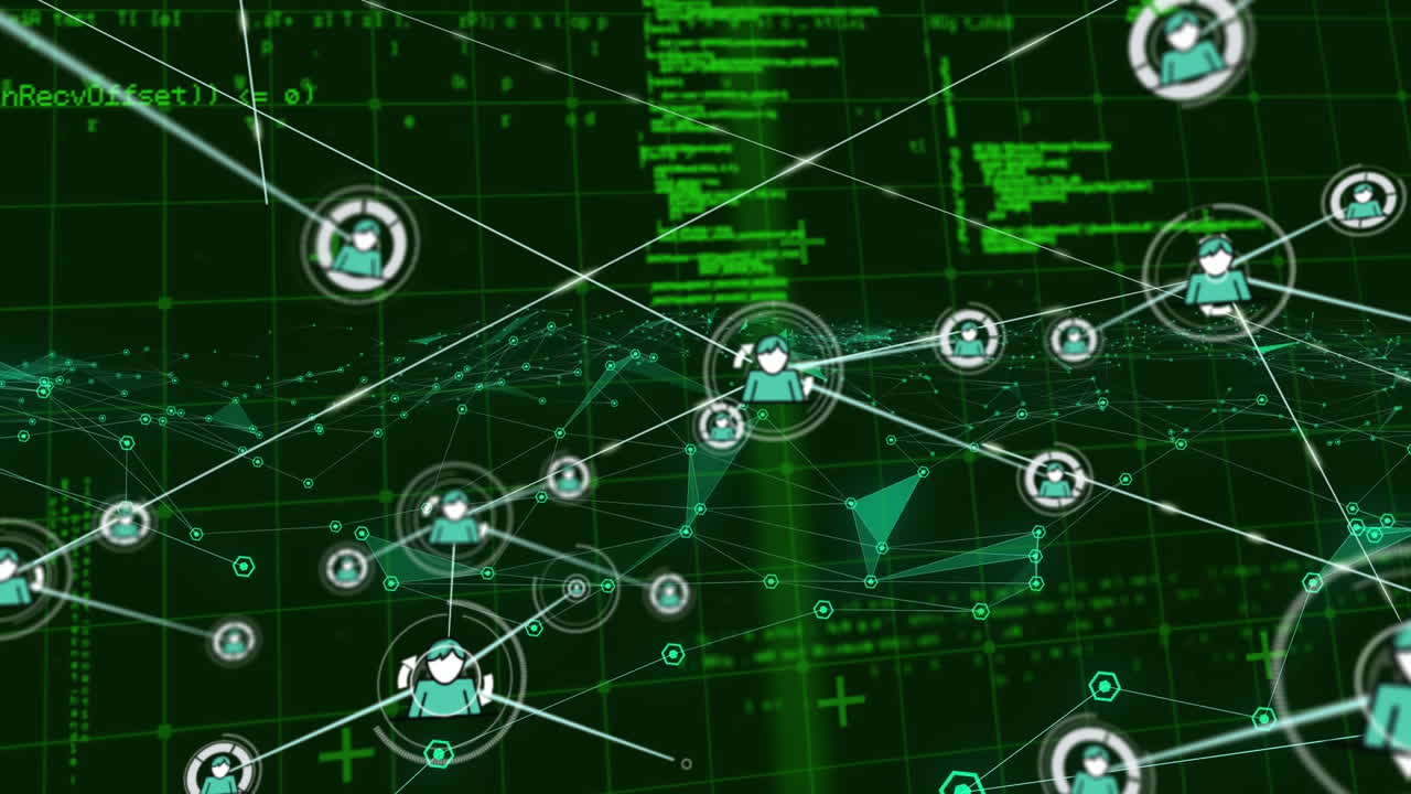 Network of connections over grid network against data processing on black background