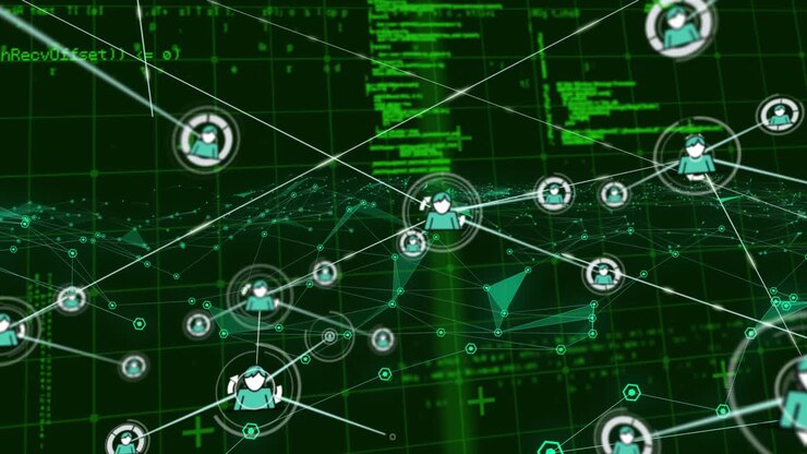 Network of connections over grid network against data processing on black background