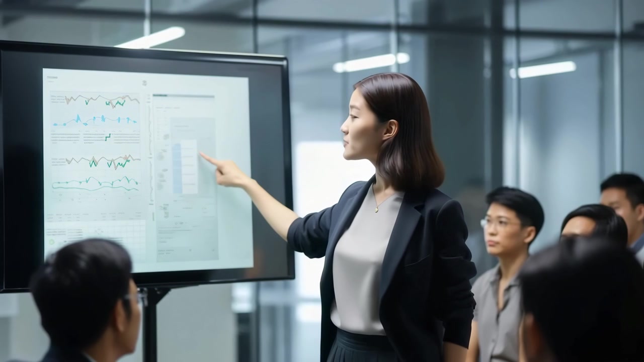 Businesswoman Presenting Data Charts to Colleagues in Modern Office
