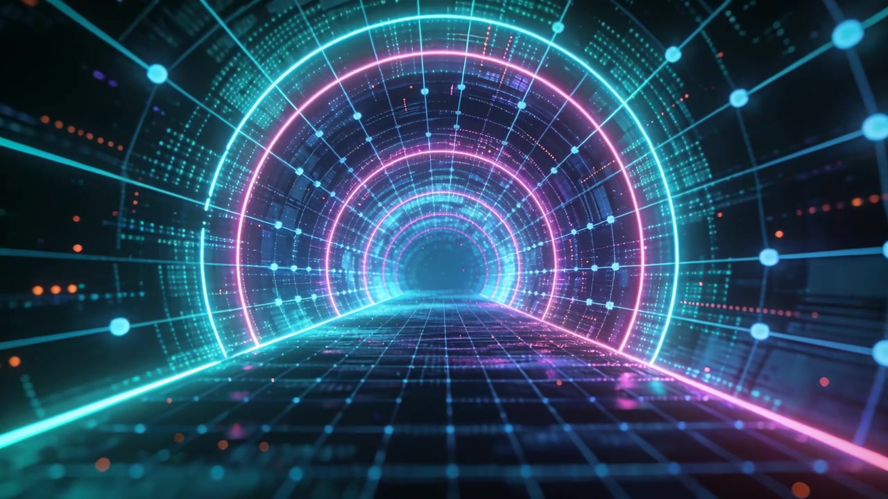 Avvio della riproduzione, la telecamera entra in un tunnel, anelli pulsanti, griglia e linee nodali che suggeriscono il flusso di dati.