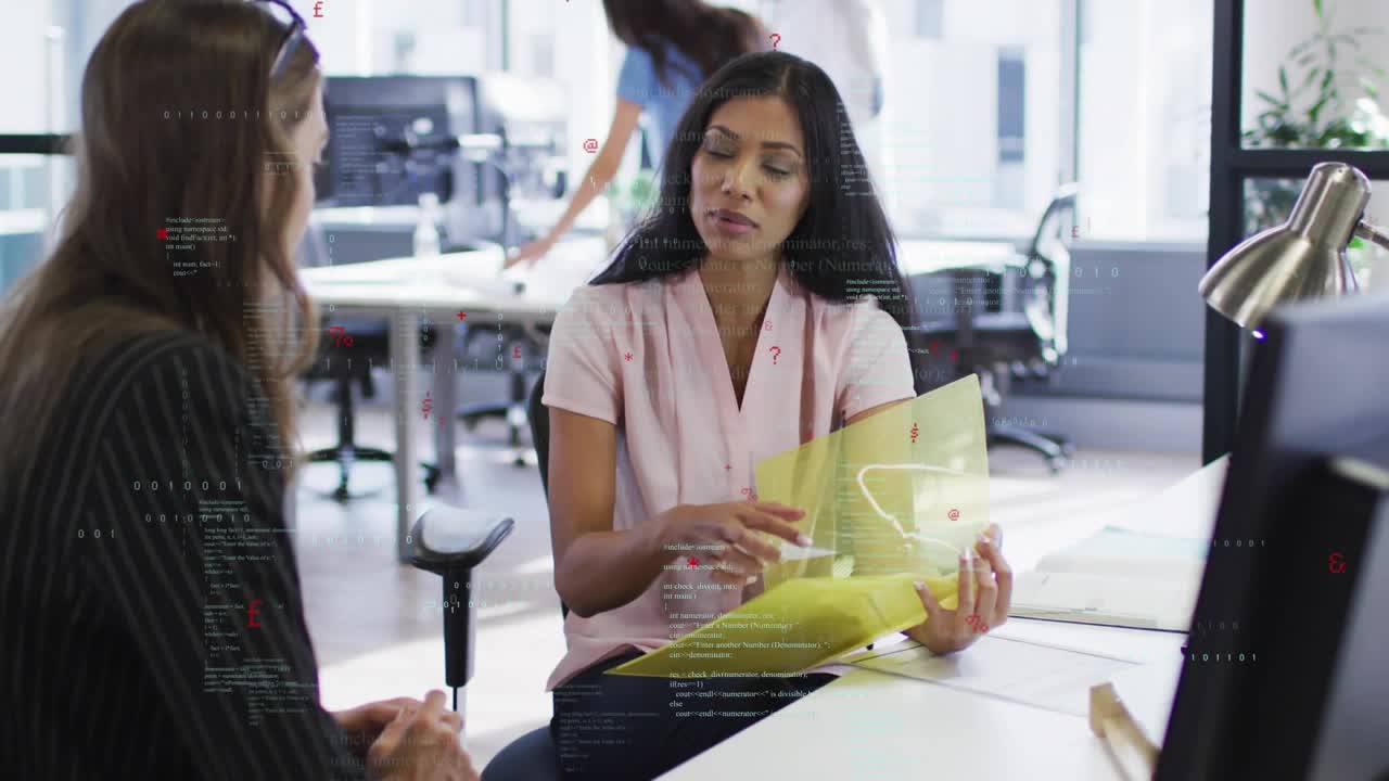Woman holding yellow folder sliding pages, producing code overlays guiding business meeting